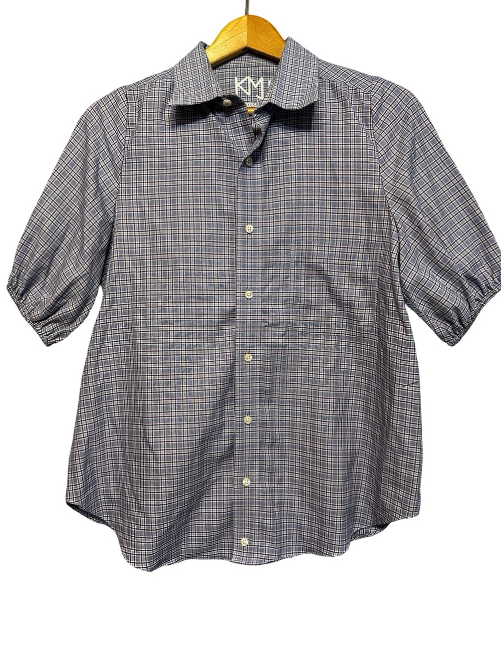 KMJ Blue Plaid Button Up Shirt SZ Small Short Sleeve Collared Casual Top Luxury